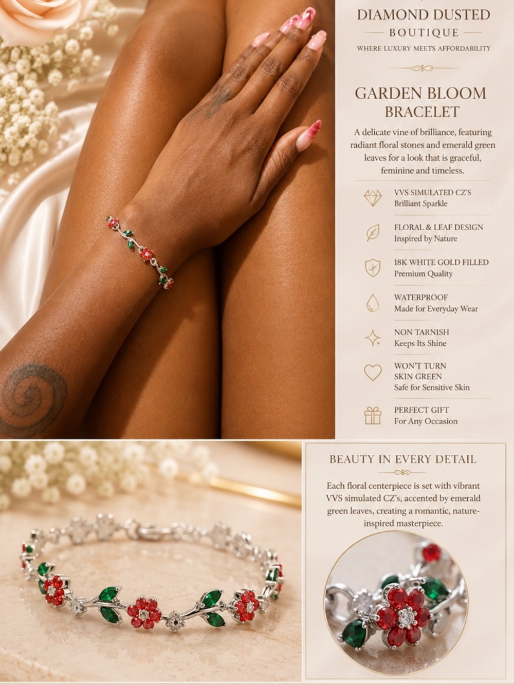 Garden Bloom Bracelet - Red & Green Floral